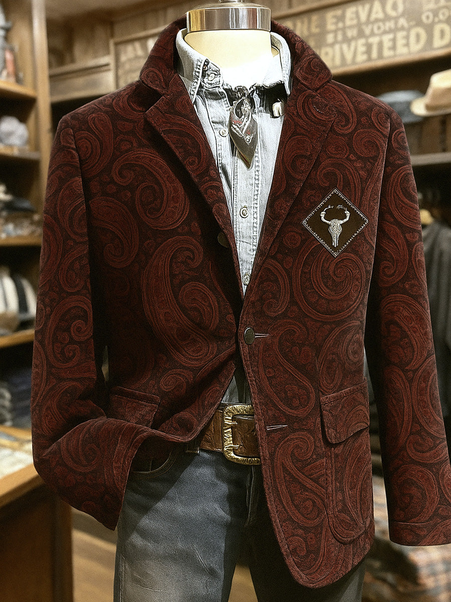 Men's Retro Western Style Paisley Art Print Casual Corduroy Pocket Blazers