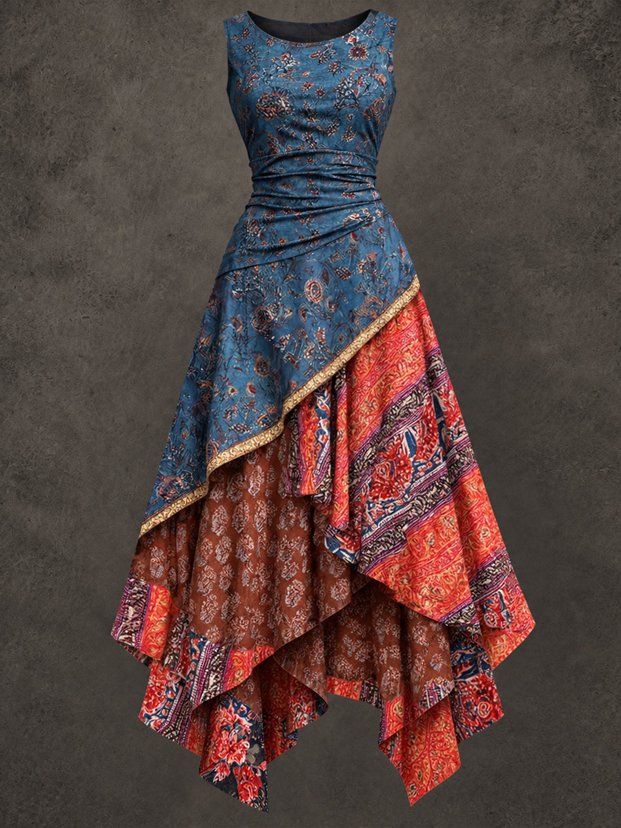 Retro Art Printed Vintage Sleeveless Irregularly Layered Stitched Midi Dress