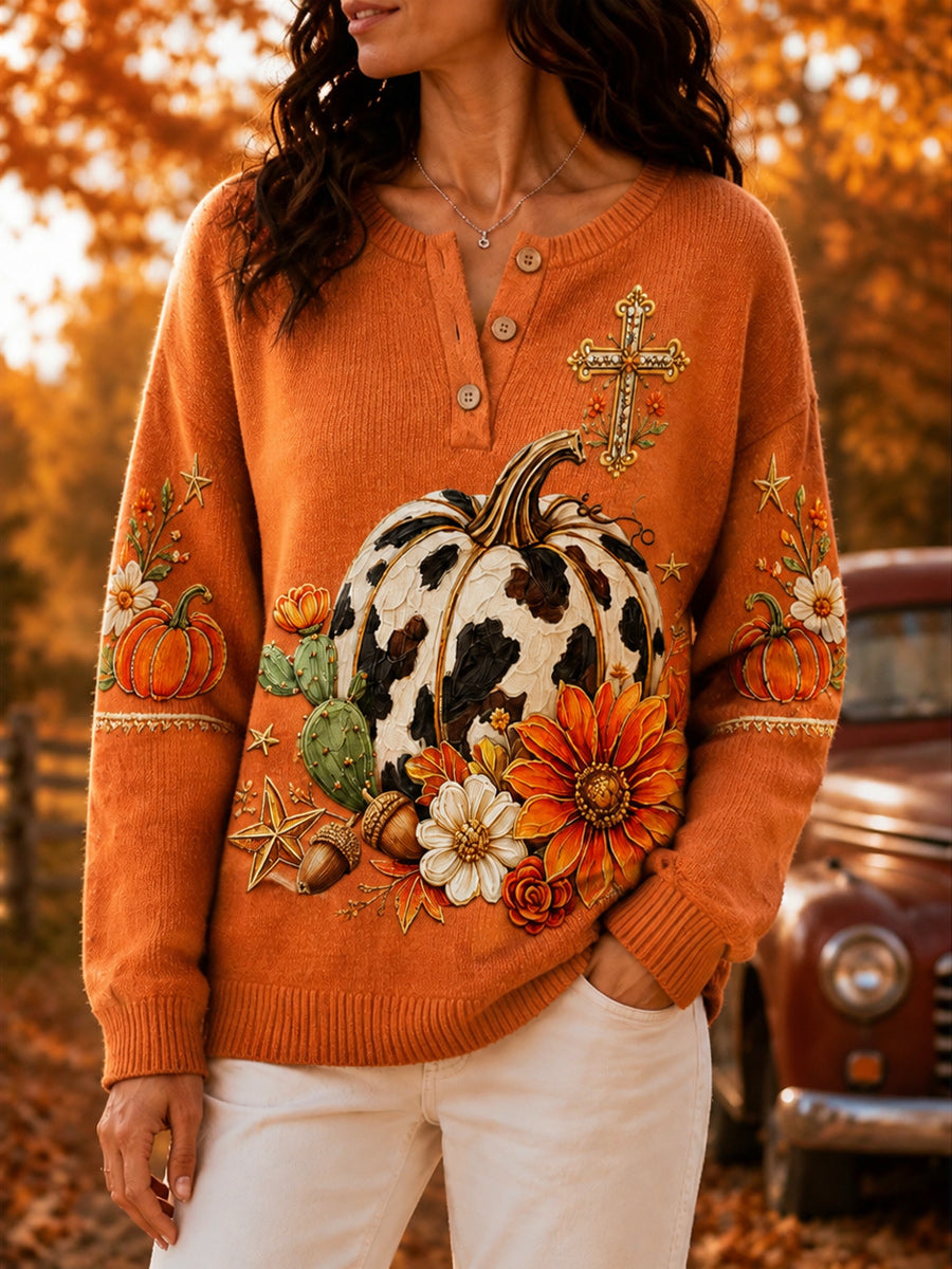Women's Retro Autumn Art Print Knit Sweater