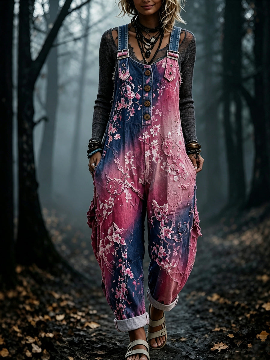 Women's Retro Autumn Style Art Print Washed Cotton Denim Patchwork Jumpsuit
