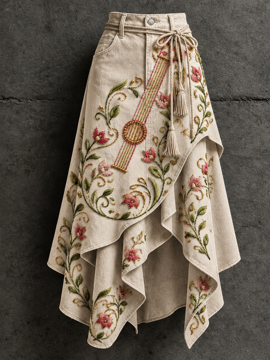 Women's Retro Style Art Print Irregularly Layered Stitched Skirt