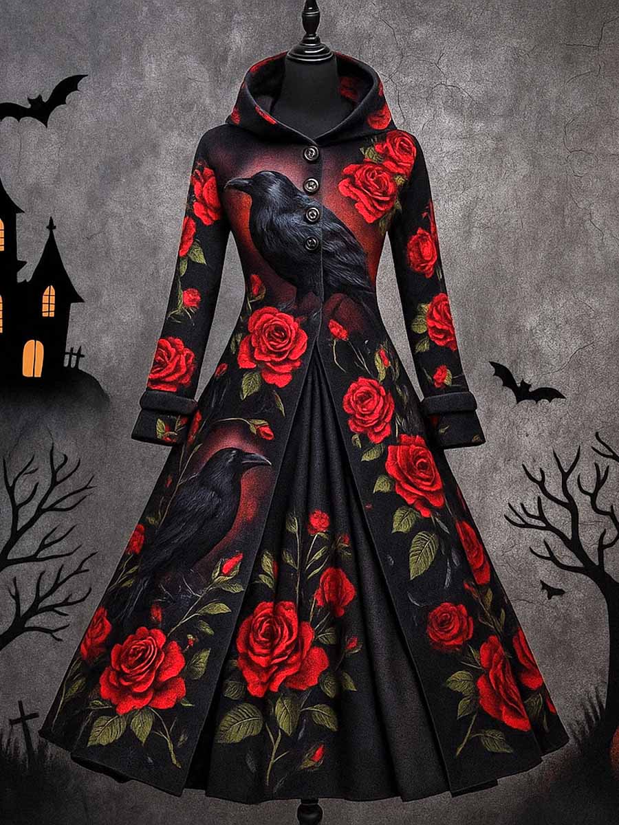 Raven Floral Art Print Long Sleeve Maxi Dress Hooded Dress