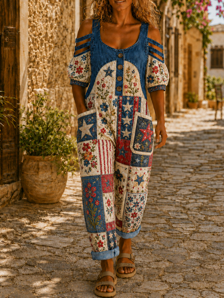 Women's Casual Short Sleeve Denim Patchwork Jumpsuit