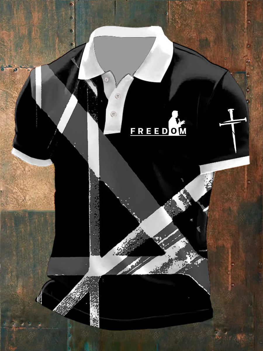 Men's Freedom American Flag Print Retro V-Neck Short Sleeves Polo-Shirt