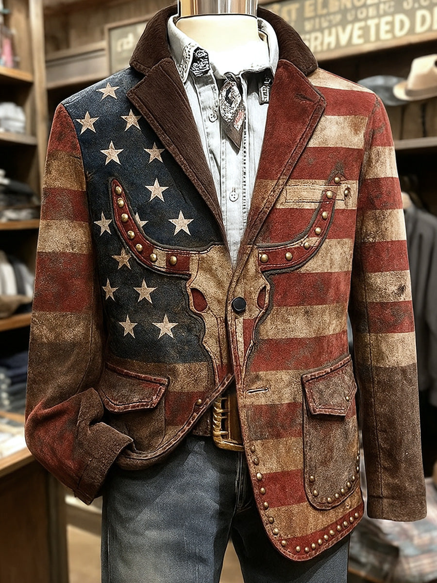 Men's Retro Western Style Art Print Casual Pocket Blazers