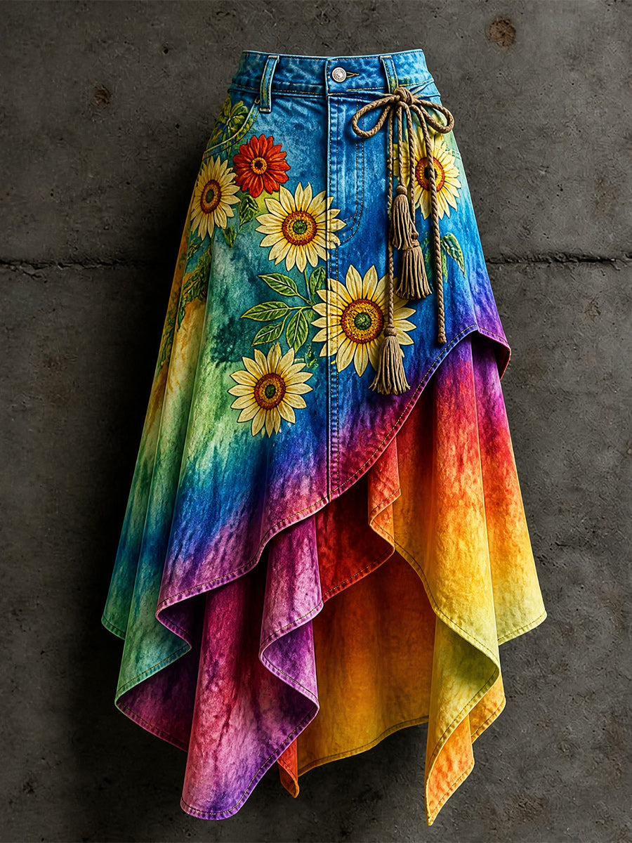Women's Retro Style Art Print Irregularly Layered Stitched Skirt