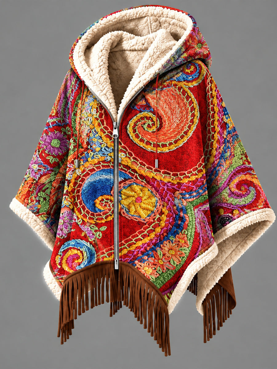 Women's Fall Winter Vintage Art Fleece-Lined Hooded Fringe Poncho