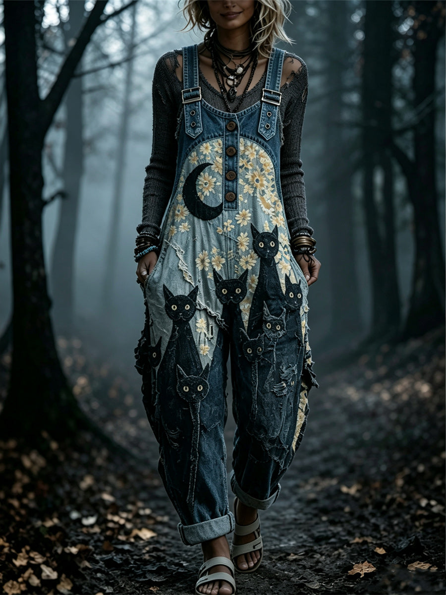 Women's Retro Autumn Style Art Print Washed Cotton Denim Patchwork Jumpsuit
