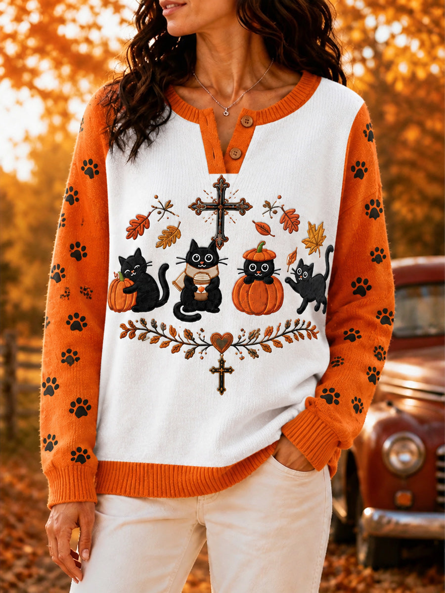 Women's Retro Autumn Art Print Knit Sweater
