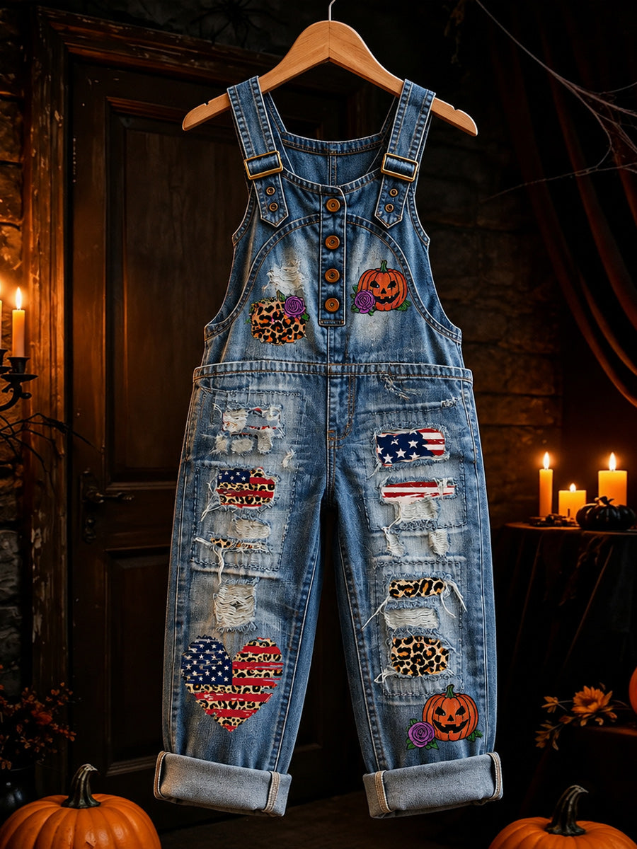 Women's Retro Style Art Print Washed Cotton Denim Patchwork Jumpsuit