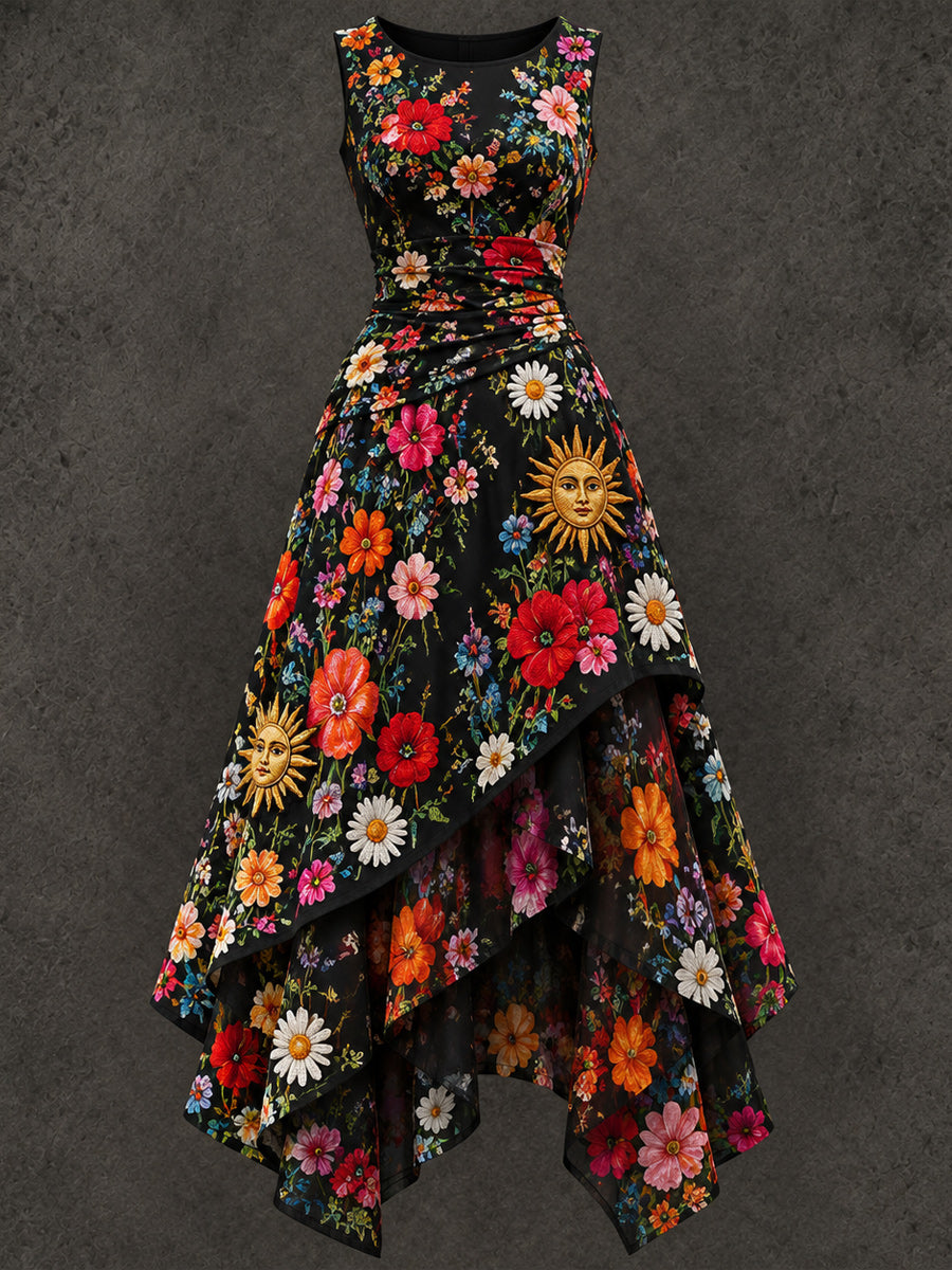 Retro Art Printed Vintage Sleeveless Irregularly Layered Stitched Midi Dress