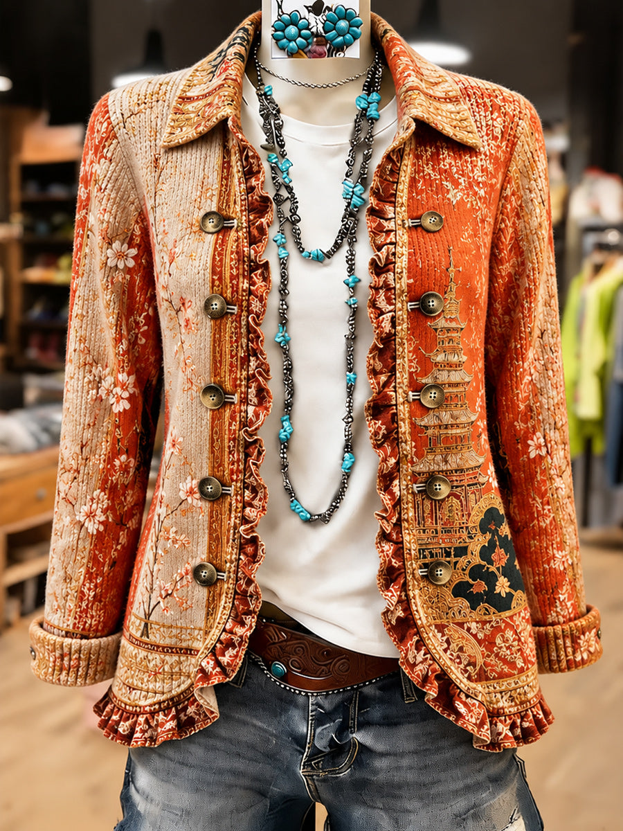 Women's Vintage Floral Art Print Casual Ruffled Shirt Jacket
