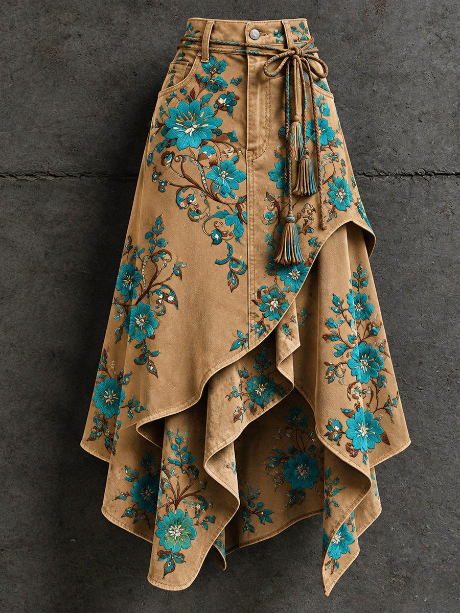 Women's Retro Style Art Print Irregularly Layered Stitched Skirt