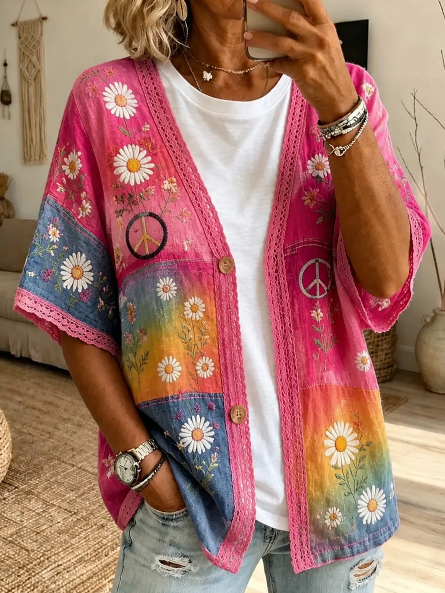 Women's Bohemian Casual Art Print Retro V-Neck Long-Sleeved Button-Down Top