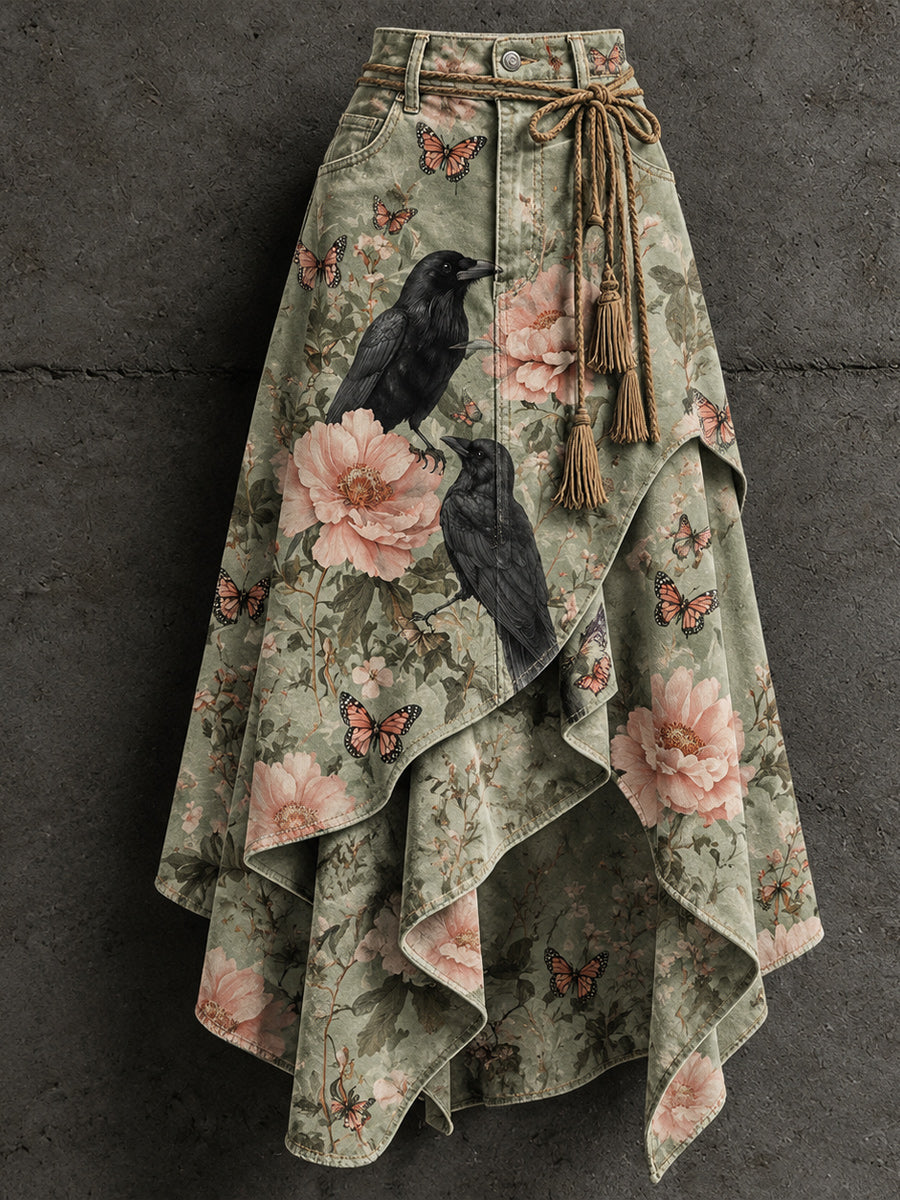 Women's Retro Style Art Print Irregularly Layered Stitched Skirt