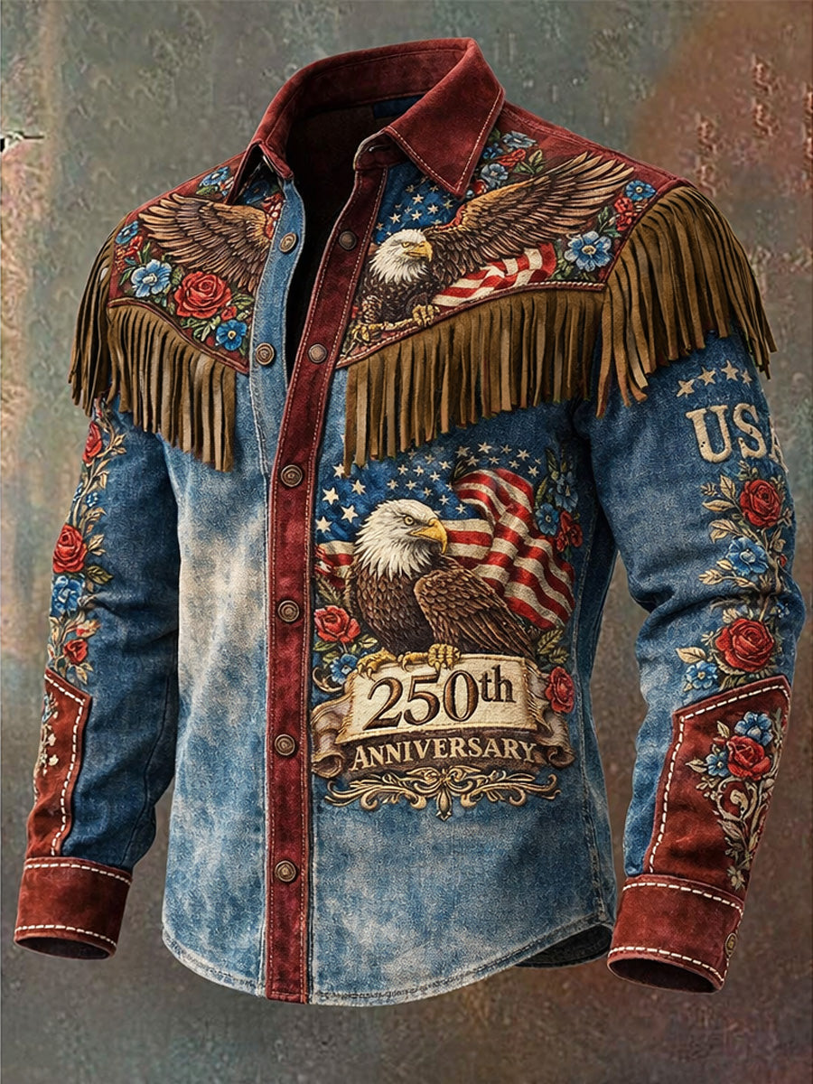 Men's Retro Western Style Art Print Vintage Tassel Casual Long Sleeve Shirt