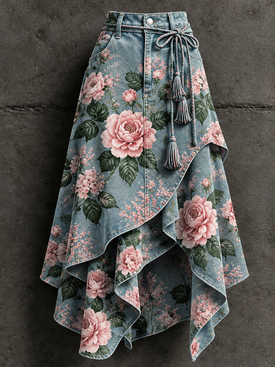 Women's Retro Style Art Print Irregularly Layered Stitched Skirt