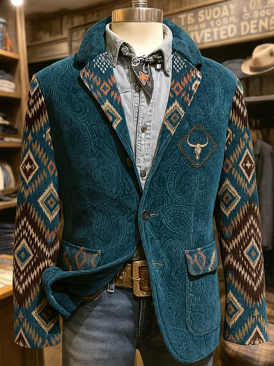 Men's Retro Western Style Paisley Art Print Casual Corduroy Pocket Blazers