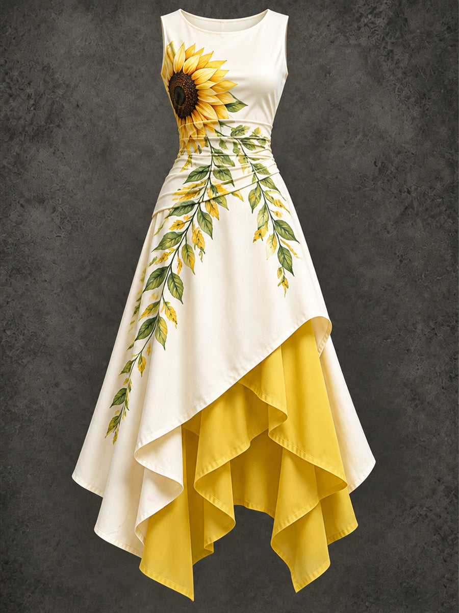 Retro Art Printed Vintage Sleeveless Irregularly Layered Stitched Midi Dress