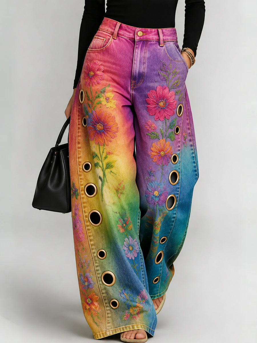 Women's Retro Style Art Print Casual  Hollow Wide Leg Pants