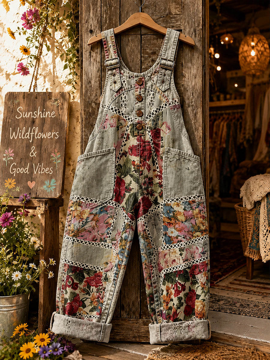 Women's Retro Style Art Print Washed Cotton Denim Patchwork Jumpsuit