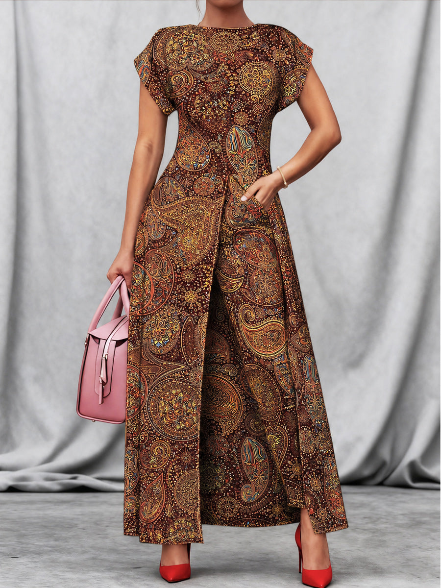 Retro Style Art Print Vintage Long Split Shirts Dress Skinny Pants Two-Piece Set