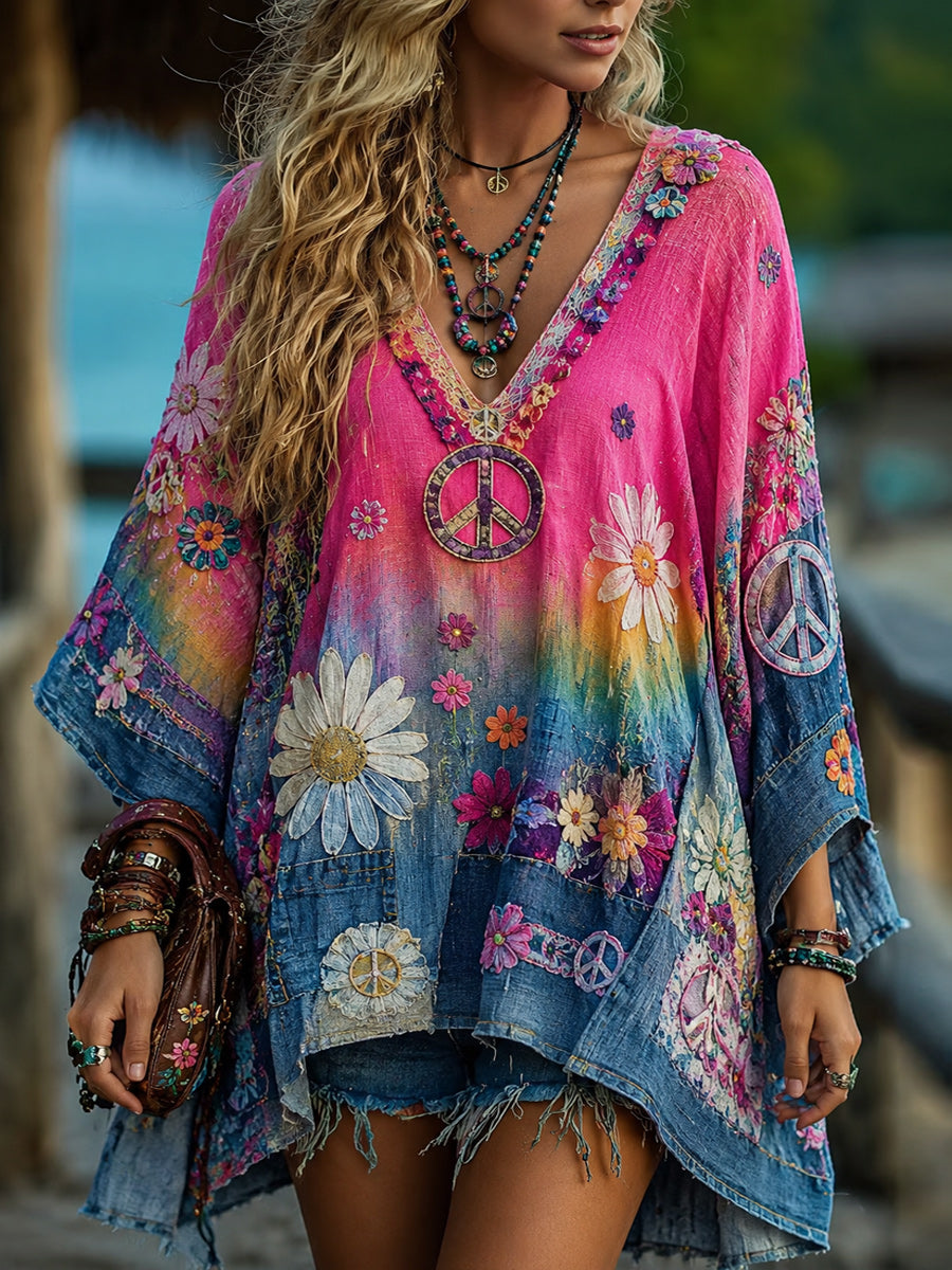Women's Bohemian Casual Art Print Retro Washed V-Neck Long Sleeve Top