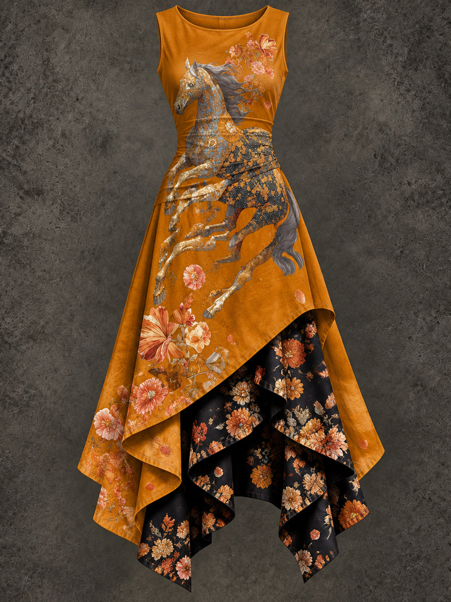 Retro Art Printed Vintage Sleeveless Irregularly Layered Stitched Midi Dress