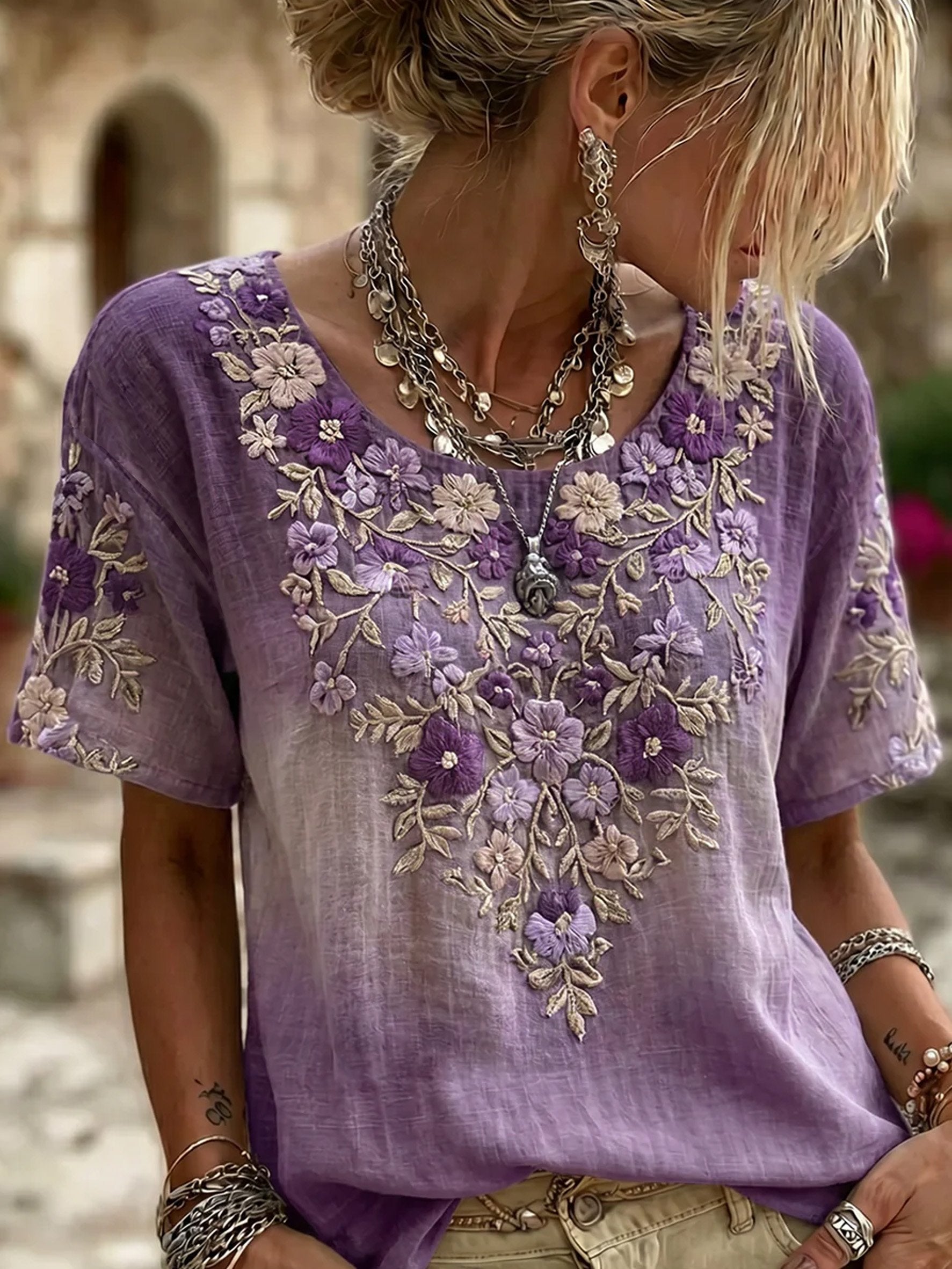 Women's Purple Floral Print Casual Top