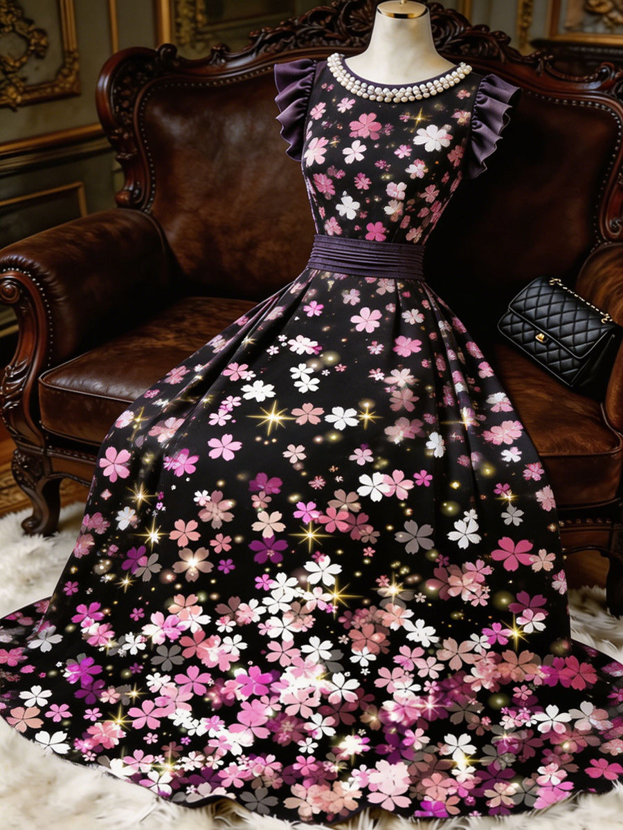 Retro Floral Art Printed Elegant V-Neck Vintage Ruffled Hemmed Sleeves Maxi Dress