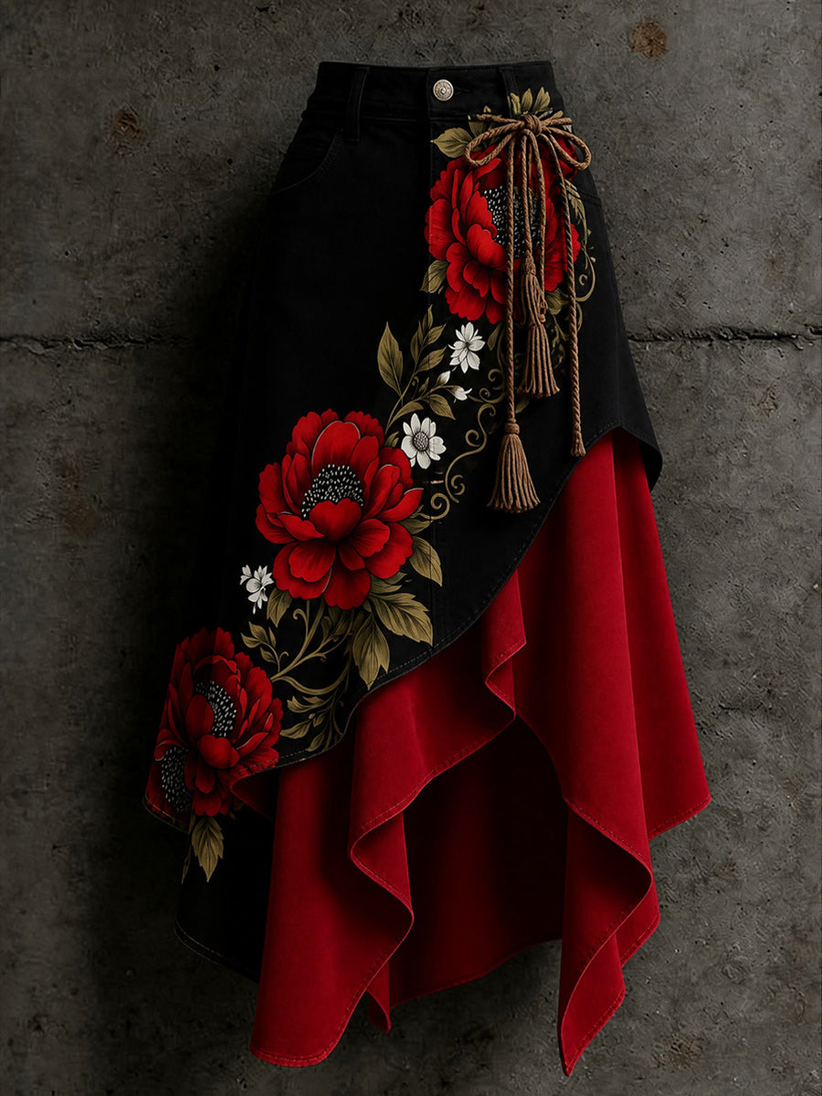Women's Retro Style Art Print Irregularly Layered Stitched Skirt