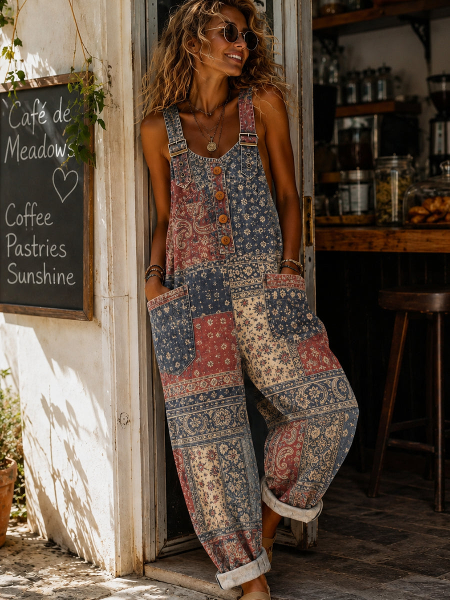 Women's Casual Sleeveless Denim Patchwork Jumpsuit