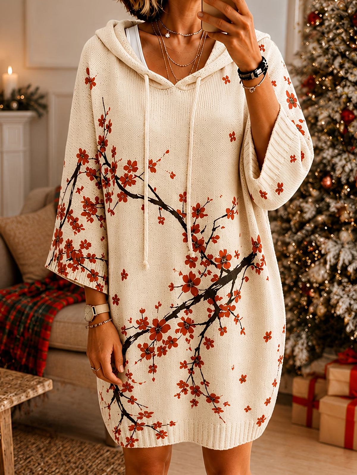 Women's Fall Winter Art Knit Hooded Sweater Dress