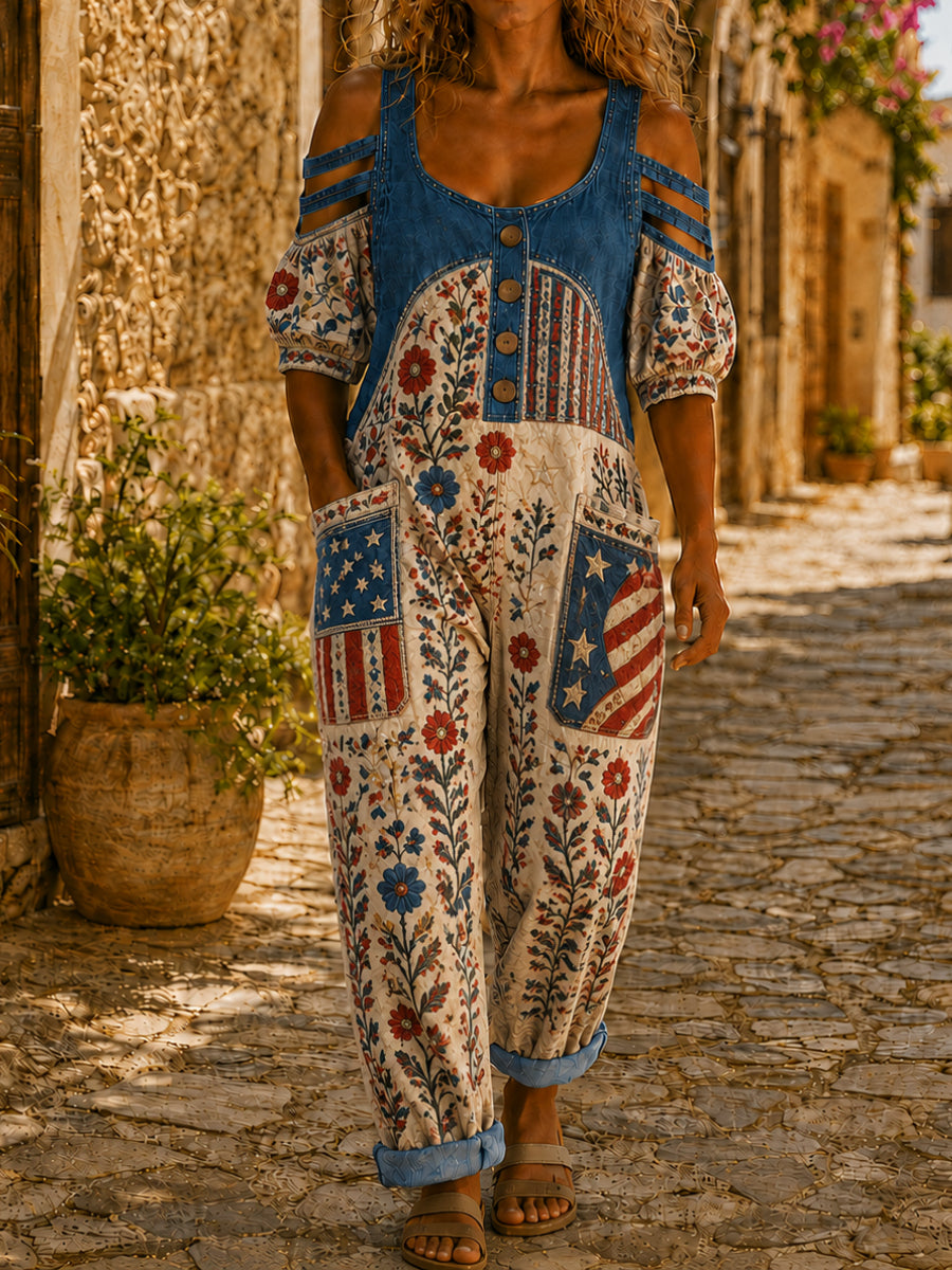 Women's Casual Short Sleeve Denim Patchwork Jumpsuit