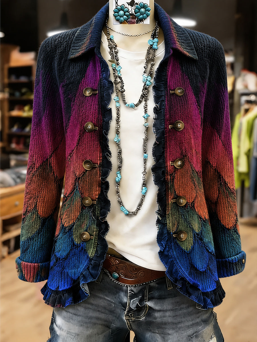 Women's Vintage Floral Art Print Casual Ruffled Shirt Jacket