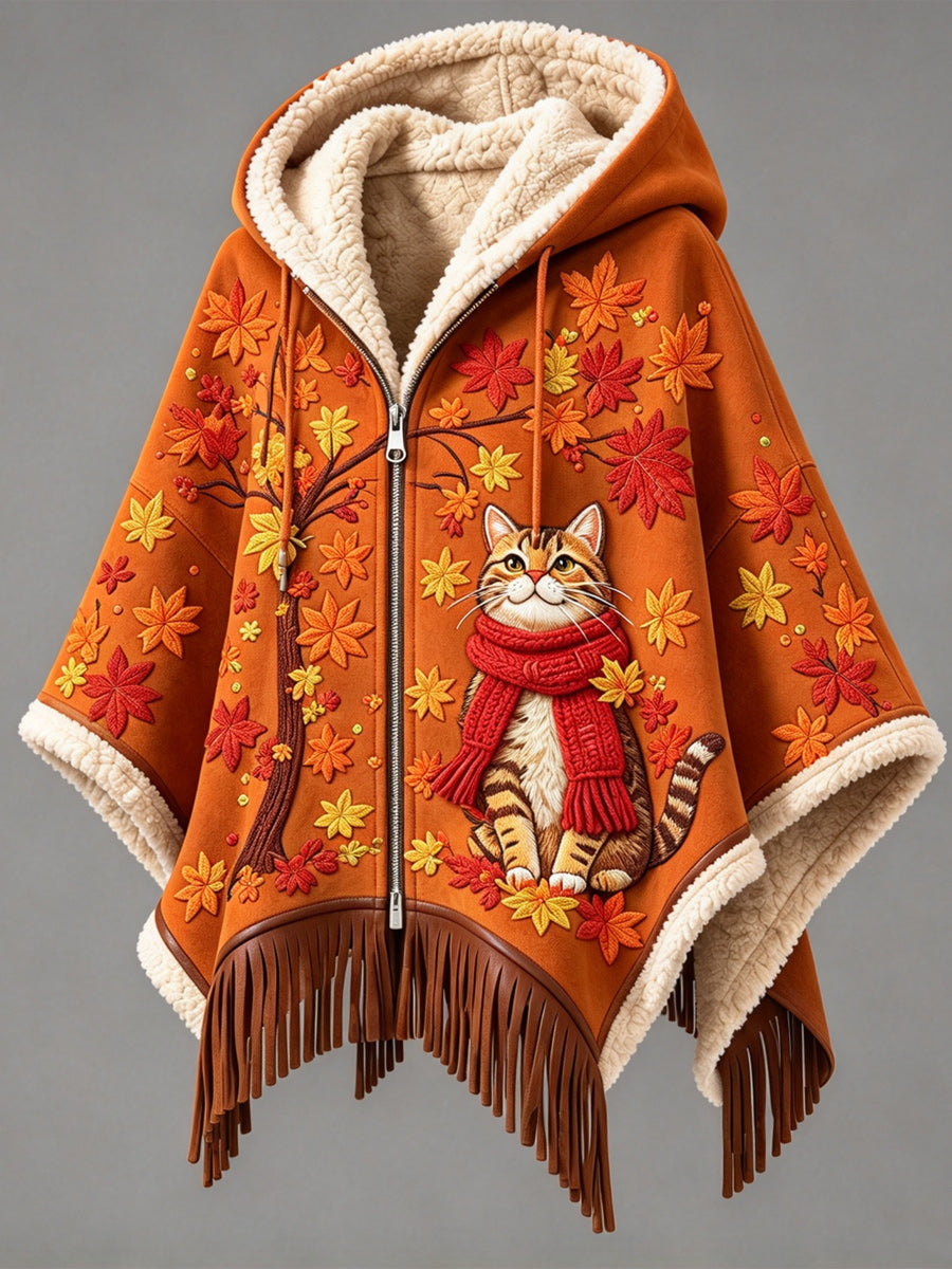 Women's Fall Winter Vintage Art Fleece-Lined Hooded Fringe Poncho