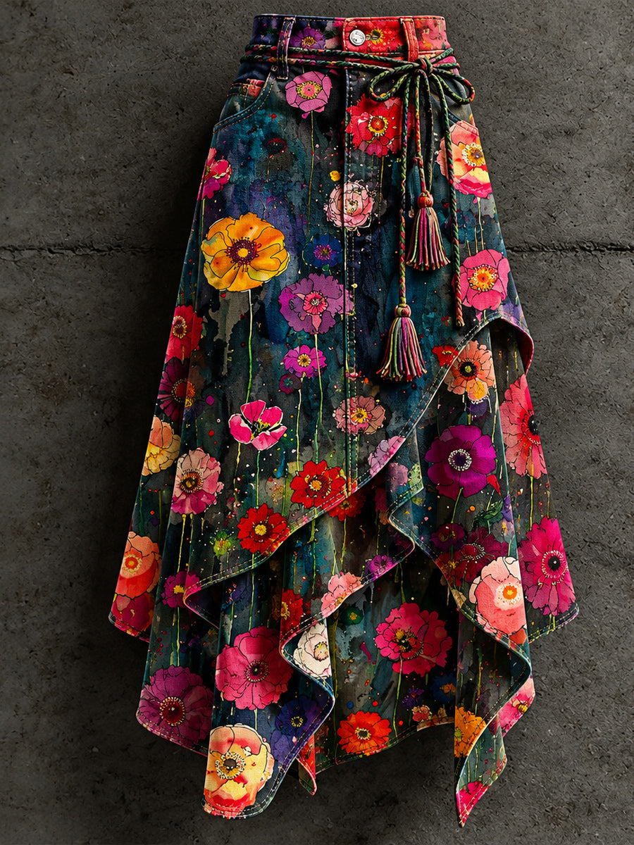 Women's Retro Style Art Print Irregularly Layered Stitched Skirt