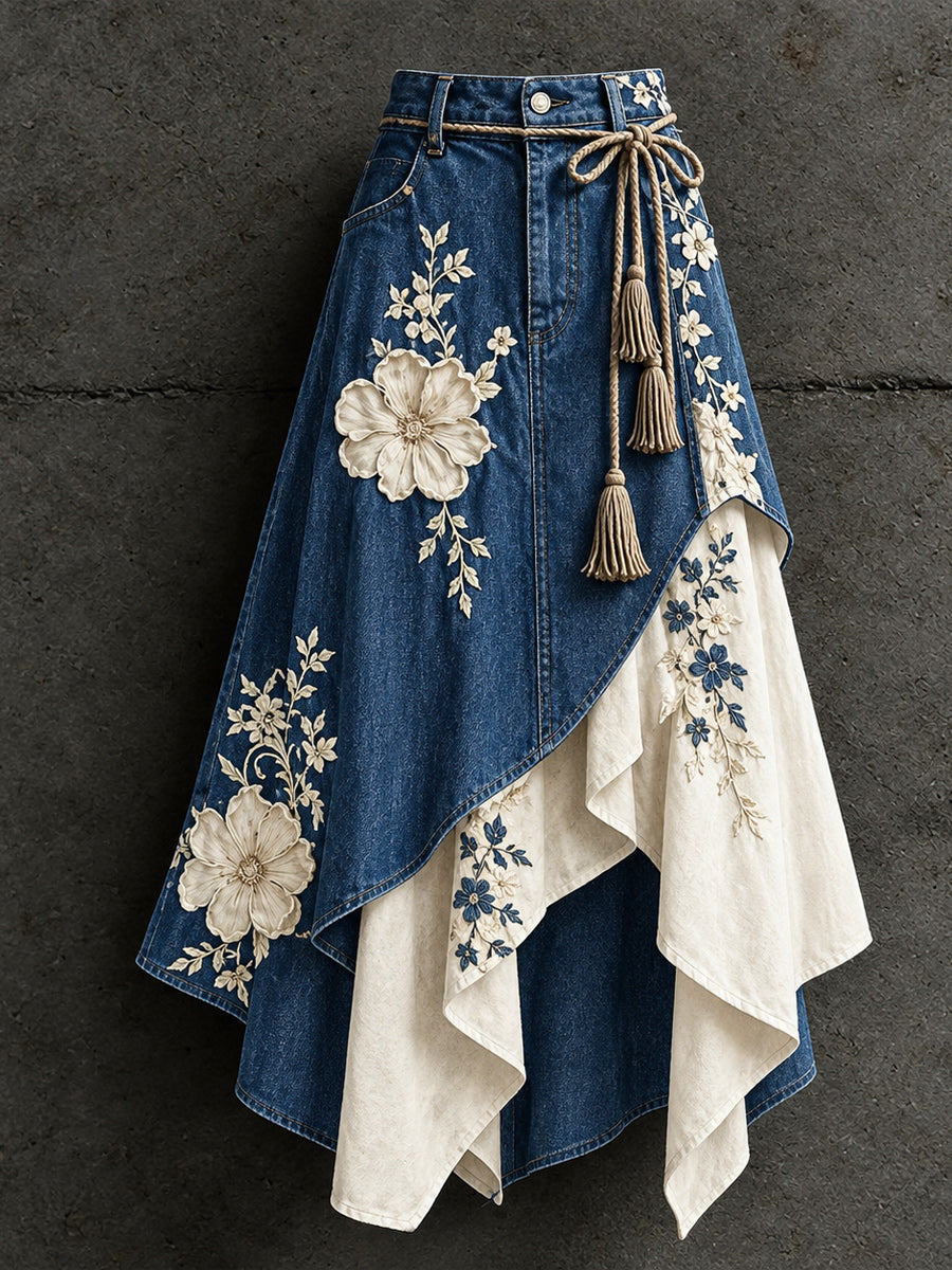 Women's Retro Style Art Print Irregularly Layered Stitched Skirt
