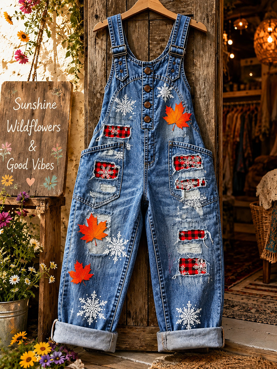 Women's Retro Style Art Print Washed Cotton Denim Patchwork Jumpsuit