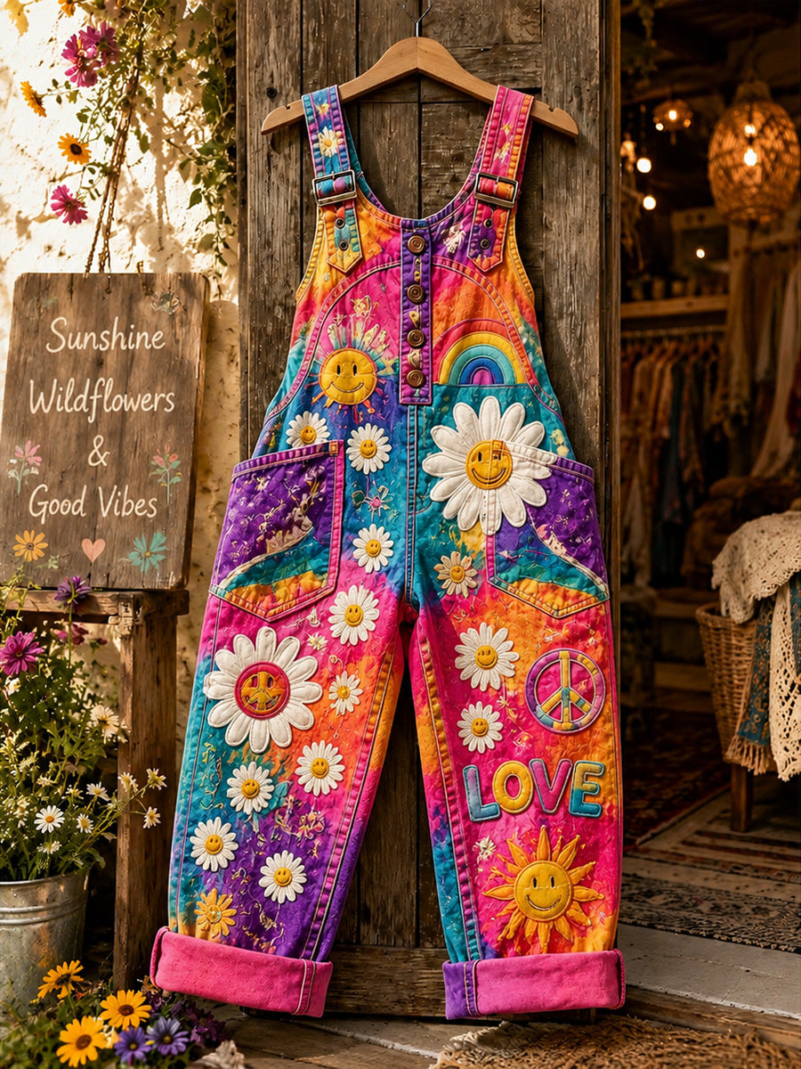 Women's Retro Style Art Print Washed Cotton Denim Patchwork Jumpsuit