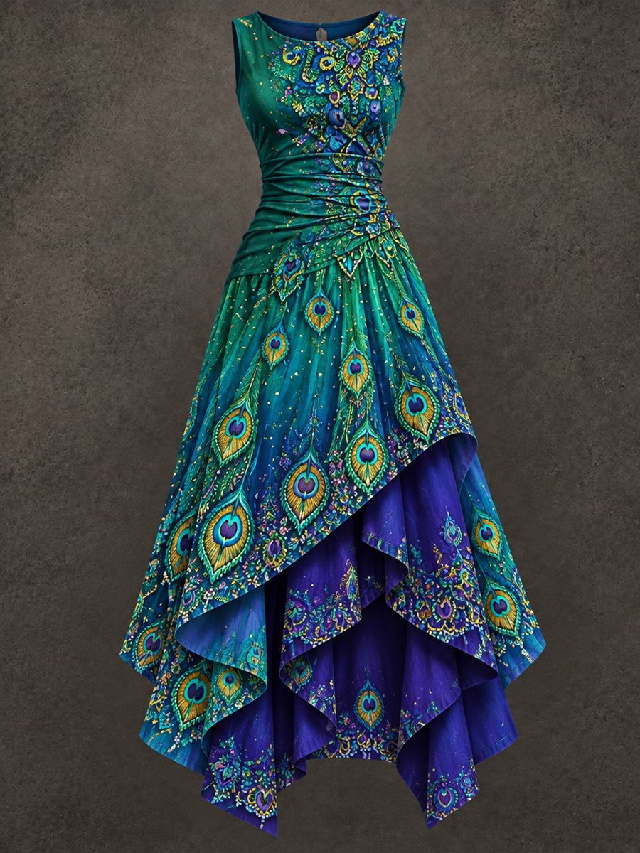 Retro Art Printed Vintage Sleeveless Irregularly Layered Stitched Midi Dress