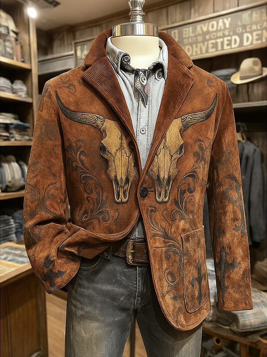 Men's Retro Western Art Print Casual Pocket Blazers