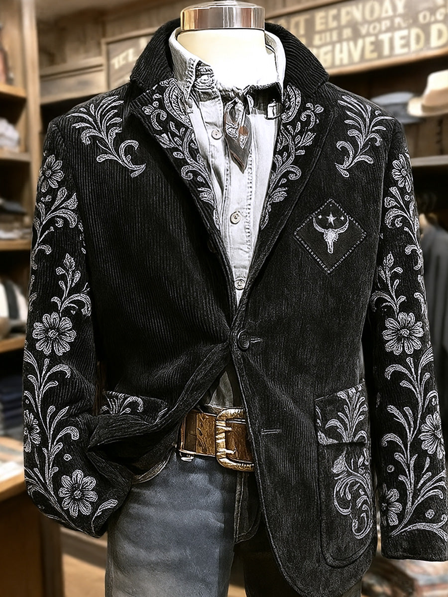 Men's Retro Western Style Paisley Art Print Casual Corduroy Pocket Blazers