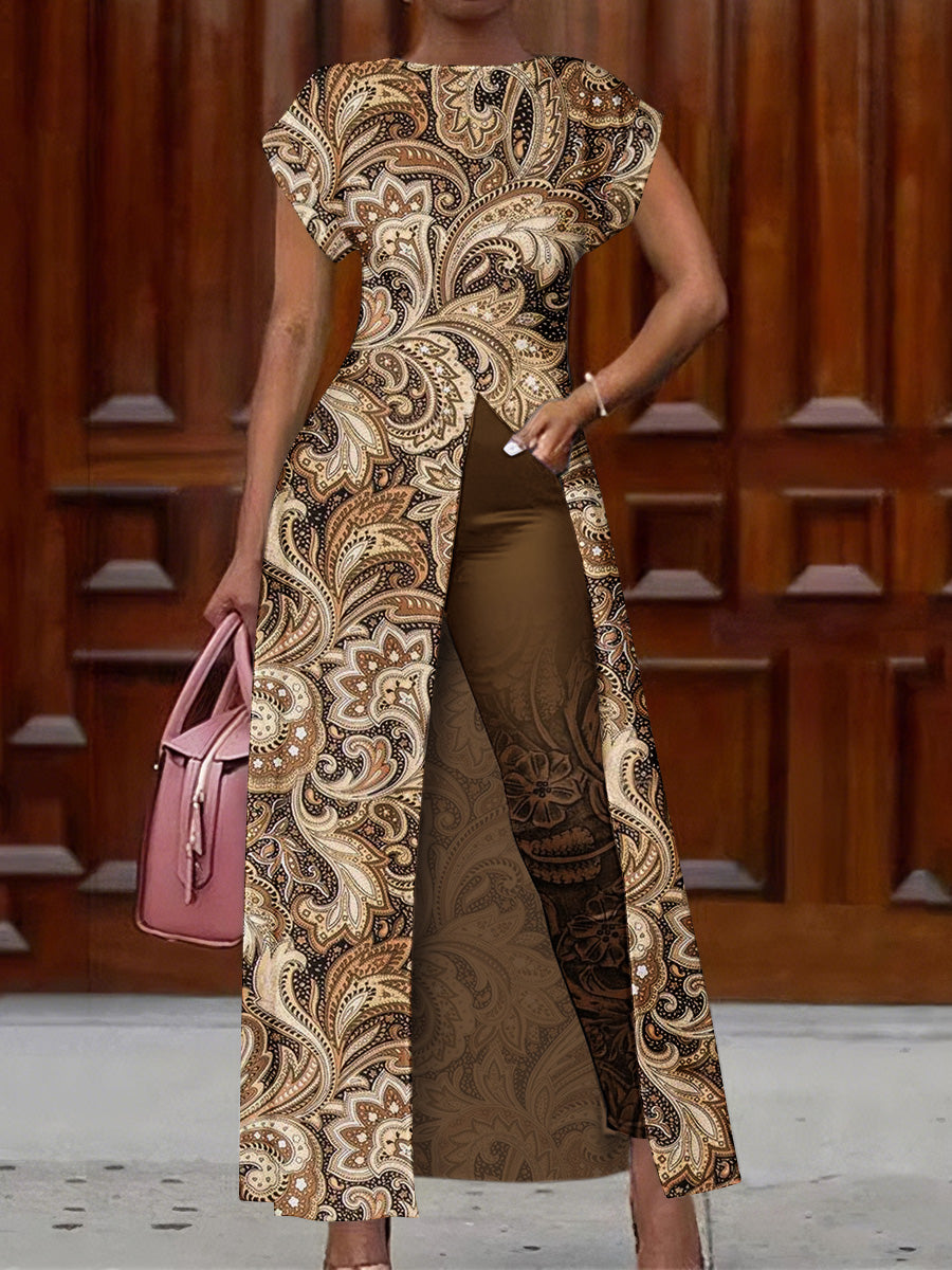 Retro Boho Floral Art Print Vintage Long Split Shirts Dress Skinny Pants Two-Piece Set