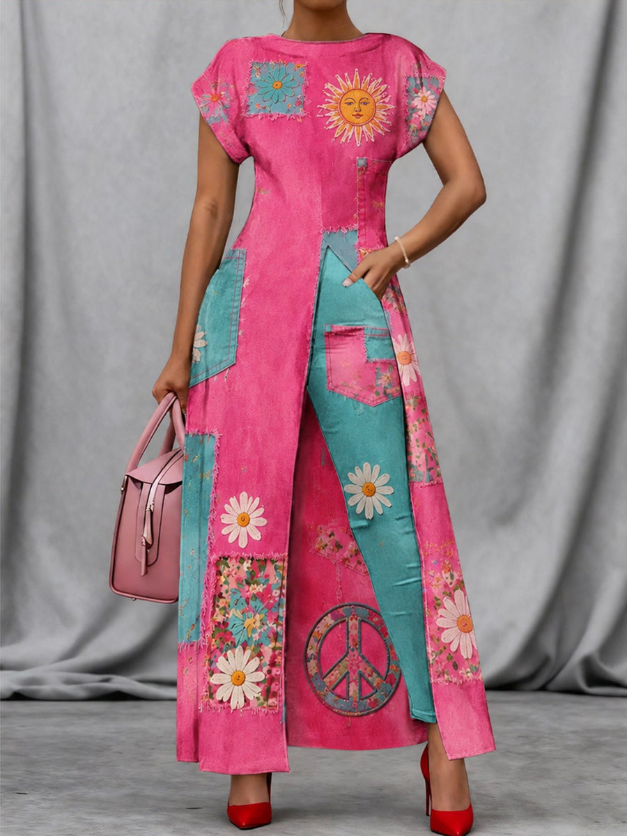 Retro Style Art Print Vintage Long Split Shirts Dress Skinny Pants Two-Piece Set