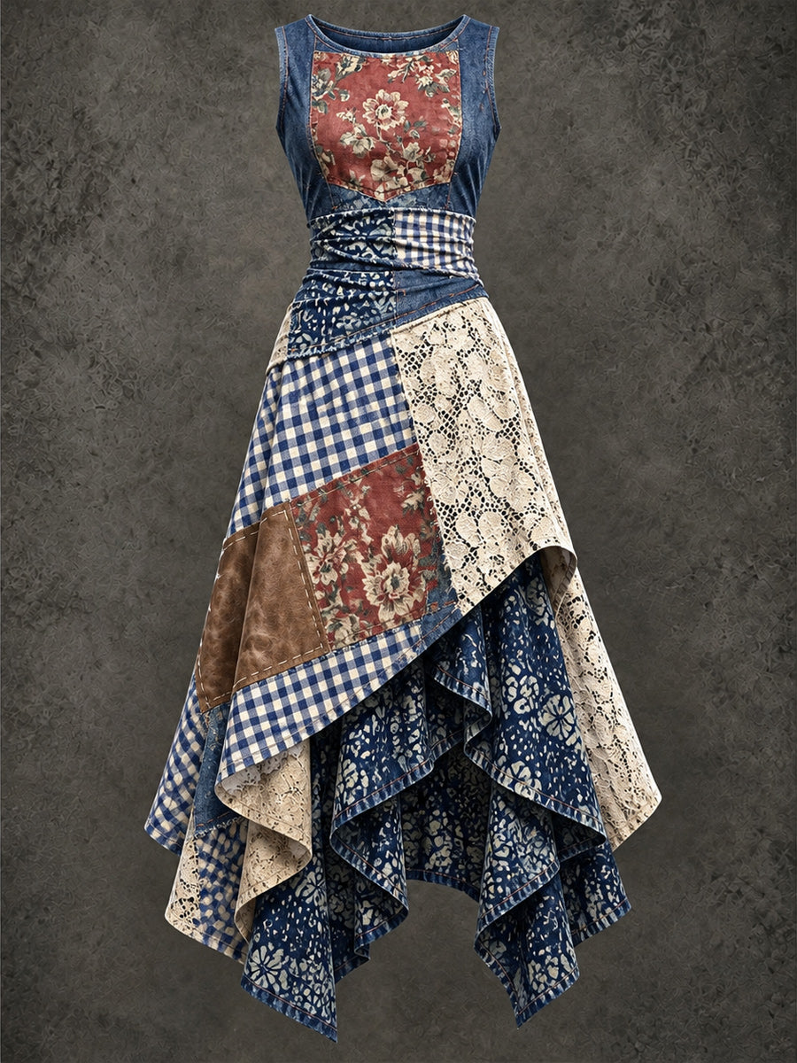 Retro Art Printed Vintage Sleeveless Irregularly Layered Stitched Midi Dress