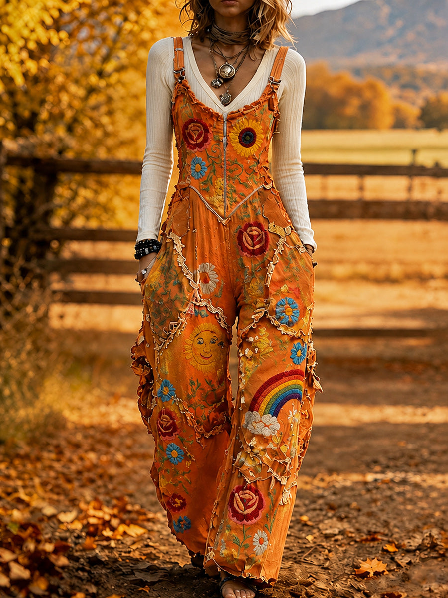 Women's Retro Autumn Style Art Print Washed Cotton Denim Patchwork Jumpsuit