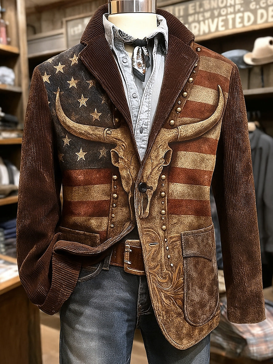 Men's Retro Western Style Art Print Casual Pocket Blazers