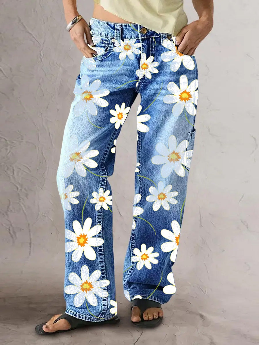 Women's Retro Style Art Print Casual Pocket Button Wide Leg Pants