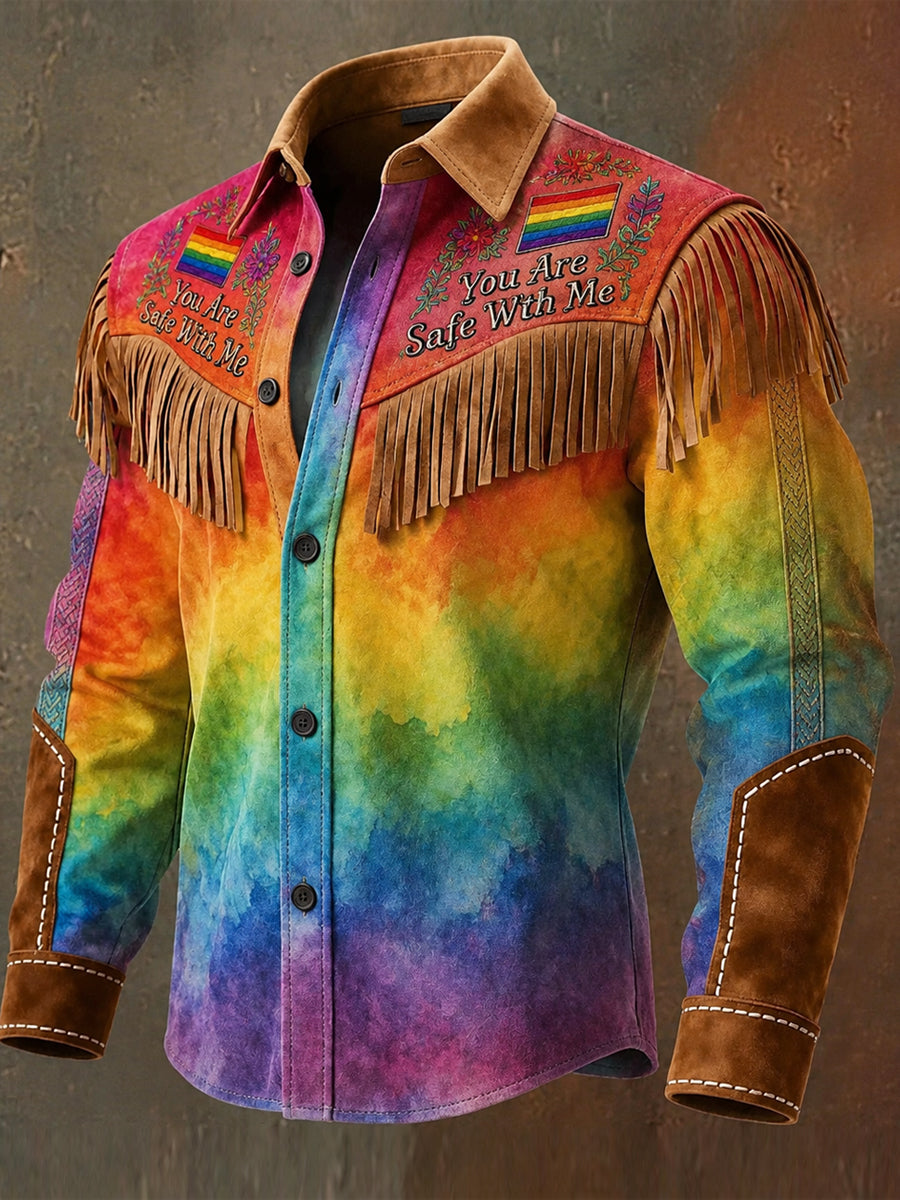 Men's Retro Pride Month Rainbow Art Print Western Vintage Tassel Casual Long Sleeve Shirt